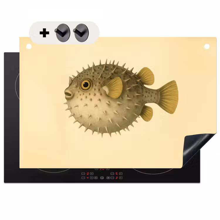 2-in-1 Herdabdeckplatte & Spritzschutz - Stacheln - Fisch - Aufgeblasen - Braun - Stekels - Vis - Opgeblazen - Bruin Inductie beschemer met haakjes klein