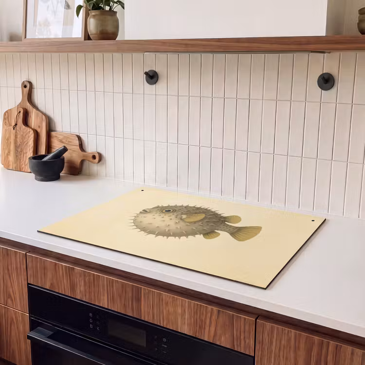 2-in-1 Herdabdeckplatte & Spritzschutz - Stacheln - Fisch - Aufgeblasen - Braun - Stekels - Vis - Opgeblazen - Bruin Inductie beschemer met haakjes klein