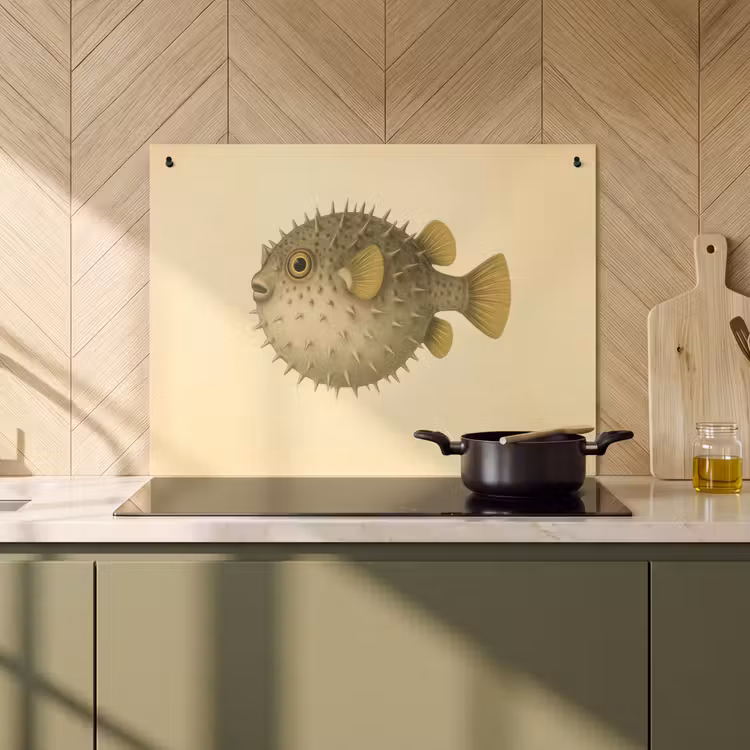 2-in-1 Herdabdeckplatte & Spritzschutz - Stacheln - Fisch - Aufgeblasen - Braun - Stekels - Vis - Opgeblazen - Bruin Inductie beschemer met haakjes klein