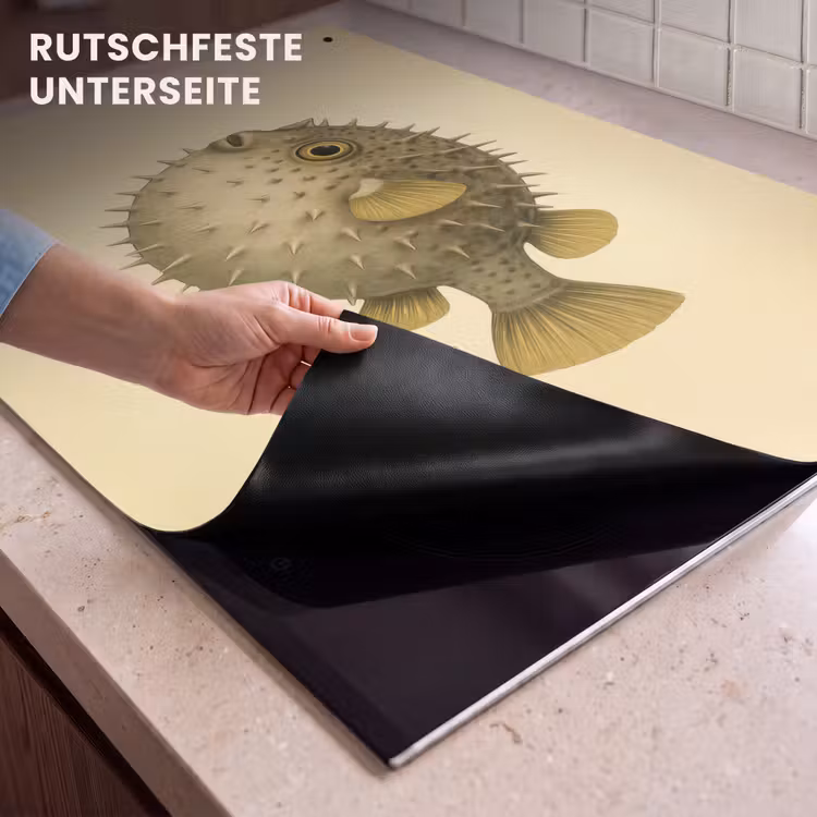2-in-1 Herdabdeckplatte & Spritzschutz - Stacheln - Fisch - Aufgeblasen - Braun - Stekels - Vis - Opgeblazen - Bruin Inductie beschemer met haakjes klein