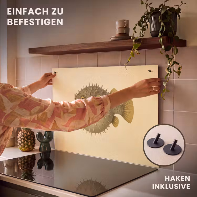 2-in-1 Herdabdeckplatte & Spritzschutz - Stacheln - Fisch - Aufgeblasen - Braun - Stekels - Vis - Opgeblazen - Bruin Inductie beschemer met haakjes klein