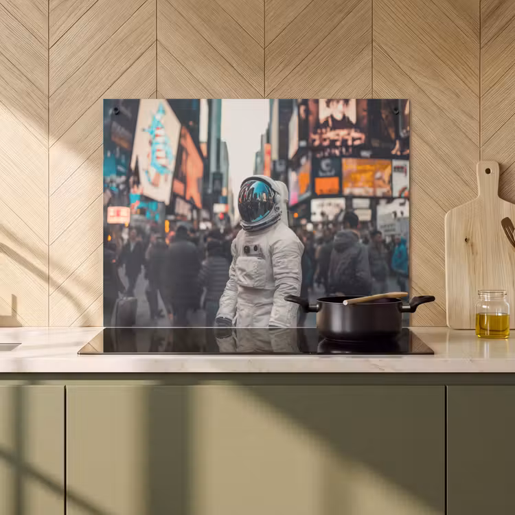 2-in-1 Herdabdeckplatte & Spritzschutz - Stadt - Menschen - Astronaut - Weiß - Stad - Mensen - Astronaut - Wit Inductie beschemer met haakjes klein
