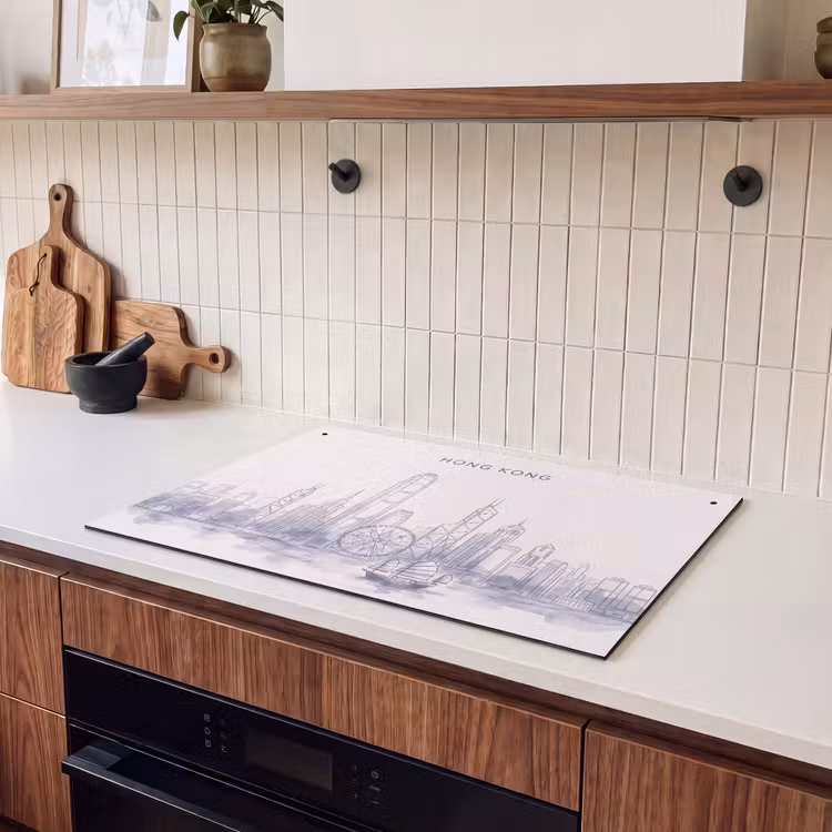 Stad - Skyline - Water - Lijntekening - Blauw Inductie beschemer met haakjes klein -sfeer1