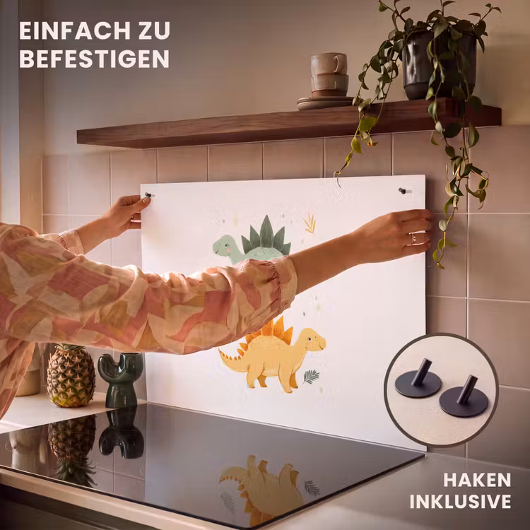 2-in-1 Herdabdeckplatte & Spritzschutz - Sterne - Stegosaurier - Blätter - Grün - Sterren - Stegosaurussen - Blaadjes - Groen Inductie beschemer met haakjes klein