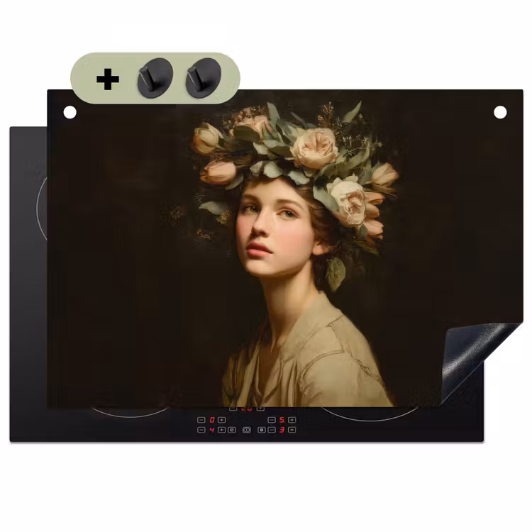 2-in-1 Herdabdeckplatte & Spritzschutz - Stille Blumen - Frau - Porträt - Bloemenstilte - Vrouw - Portret Inductie beschemer met haakjes klein