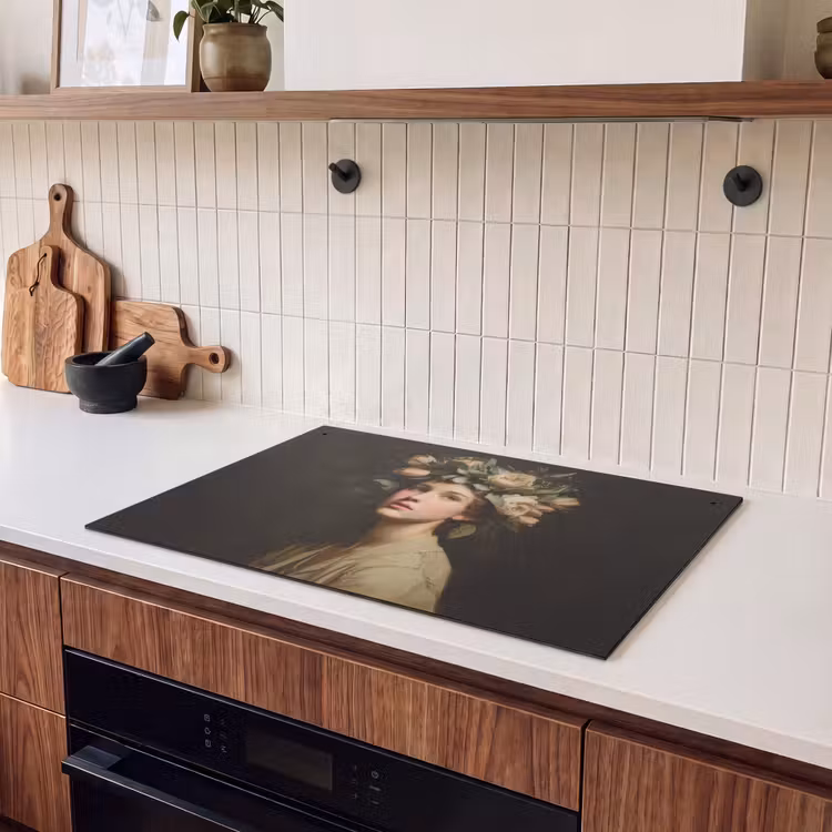 2-in-1 Herdabdeckplatte & Spritzschutz - Stille Blumen - Frau - Porträt - Bloemenstilte - Vrouw - Portret Inductie beschemer met haakjes klein