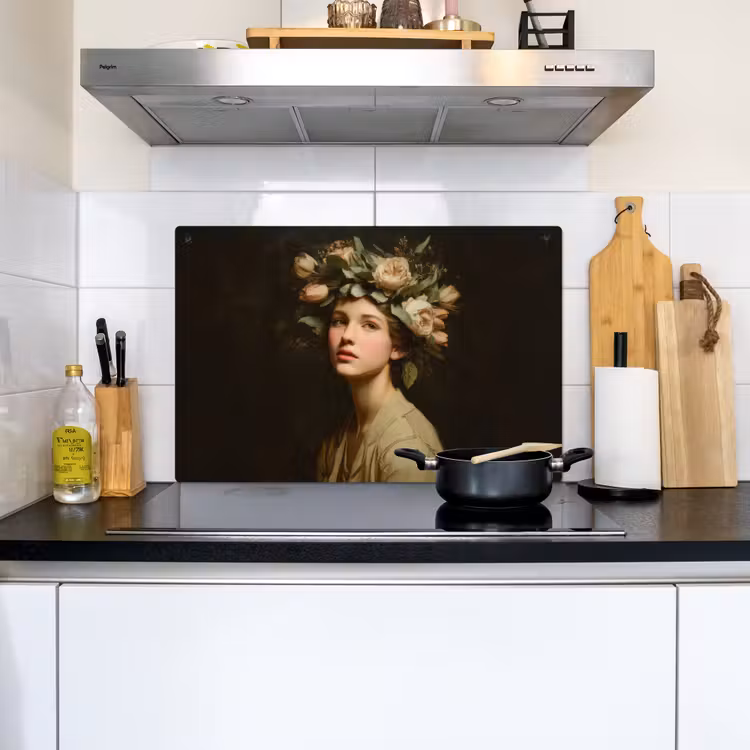 2-in-1 Herdabdeckplatte & Spritzschutz - Stille Blumen - Frau - Porträt - Bloemenstilte - Vrouw - Portret Inductie beschemer met haakjes klein