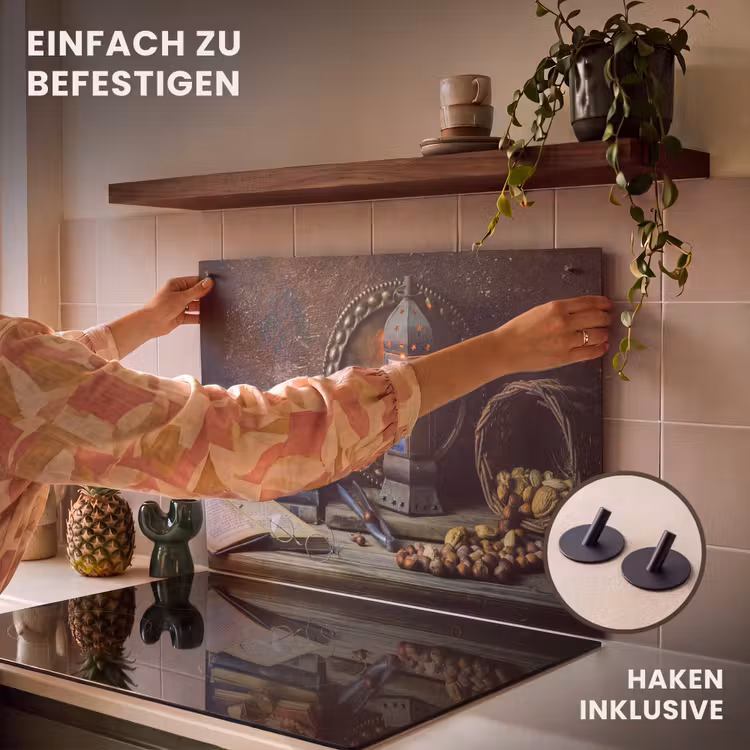 2-in-1 Herdabdeckplatte & Spritzschutz - Stilleben mit antikem Aussehen - Stilleven met Antieke Uitstraling Inductie beschemer met haakjes klein
