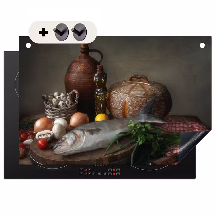 2-in-1 Herdabdeckplatte & Spritzschutz - Stilleben mit Fisch und Olivenöl - Stilleven met Vis en Olijfolie Inductie beschemer met haakjes klein