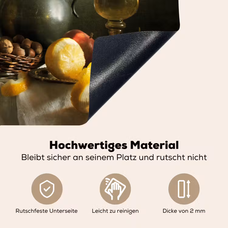 2-in-1 Herdabdeckplatte & Spritzschutz - Stilleben mit Käse und Obst - Stilleven met Kaas en Fruit Inductie beschemer met haakjes klein