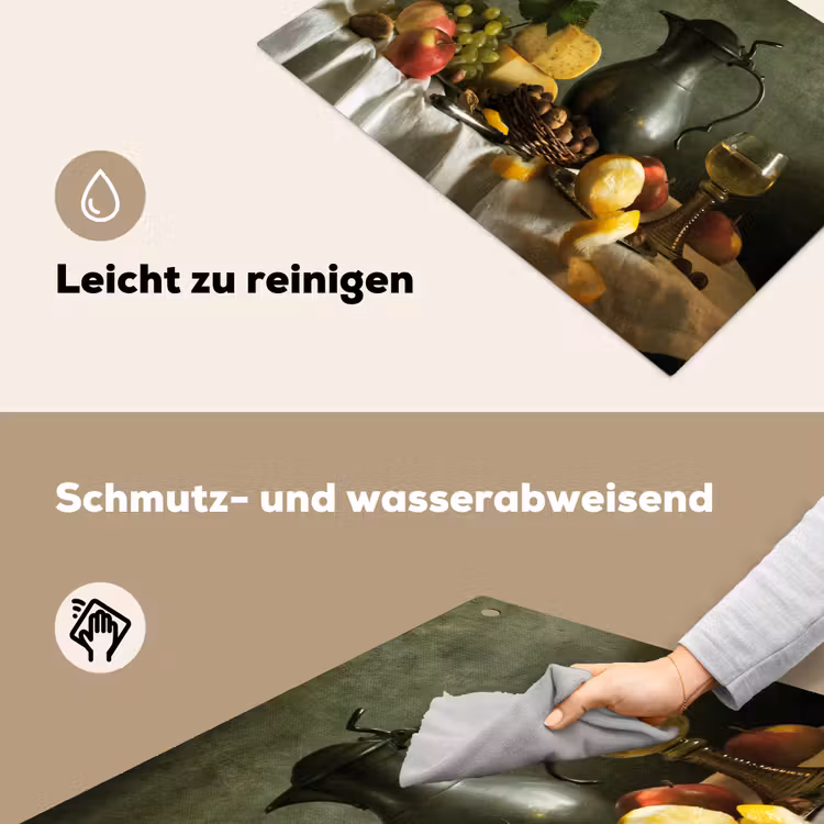 2-in-1 Herdabdeckplatte & Spritzschutz - Stilleben mit Käse und Obst - Stilleven met Kaas en Fruit Inductie beschemer met haakjes klein