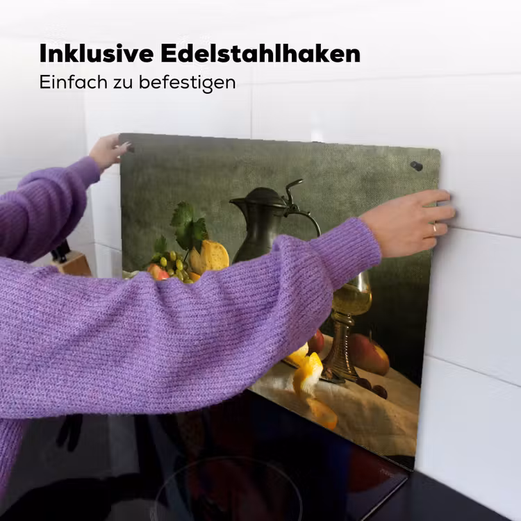 2-in-1 Herdabdeckplatte & Spritzschutz - Stilleben mit Käse und Obst - Stilleven met Kaas en Fruit Inductie beschemer met haakjes klein