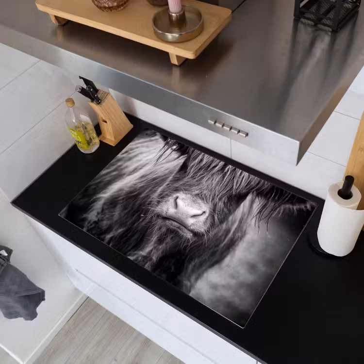 2-in-1 Herdabdeckplatte & Spritzschutz - Stoischer Blick - Stoïcijnse Blik Inductie beschemer met haakjes klein