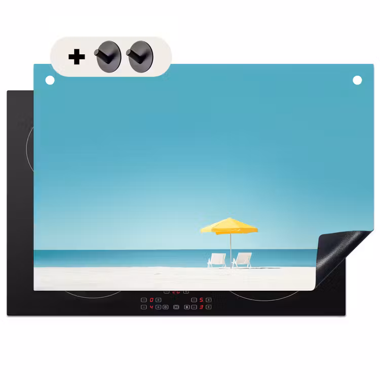 2-in-1 Herdabdeckplatte & Spritzschutz - Strand - Blauer Himmel - Gelb - Sonnenschirm - Strand - Blauwe lucht - Geel - Parasol Inductie beschemer met haakjes klein