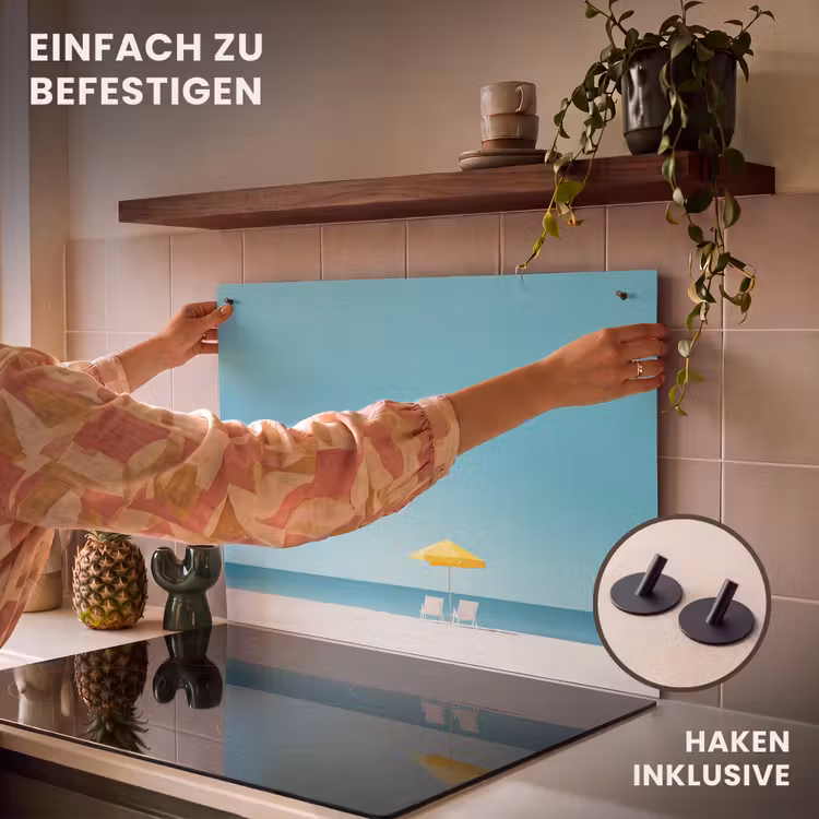 2-in-1 Herdabdeckplatte & Spritzschutz - Strand - Blauer Himmel - Gelb - Sonnenschirm - Strand - Blauwe lucht - Geel - Parasol Inductie beschemer met haakjes klein