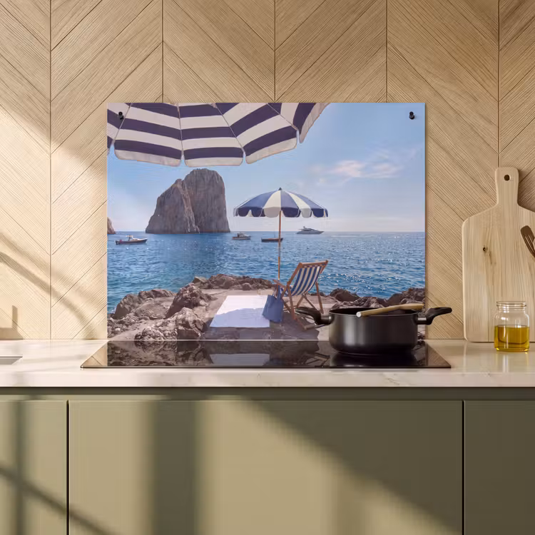 Strand - Ligstoel - Parasol - Zomer - Blauw Inductie beschemer met haakjes klein -sfeer2