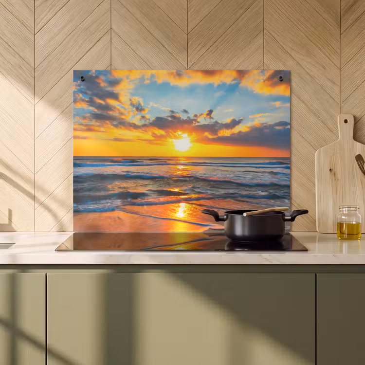 2-in-1 Herdabdeckplatte & Spritzschutz - Strand – Meer – Sonnenuntergang - Strand - Zee - Zonsondergnag Inductie beschemer met haakjes klein