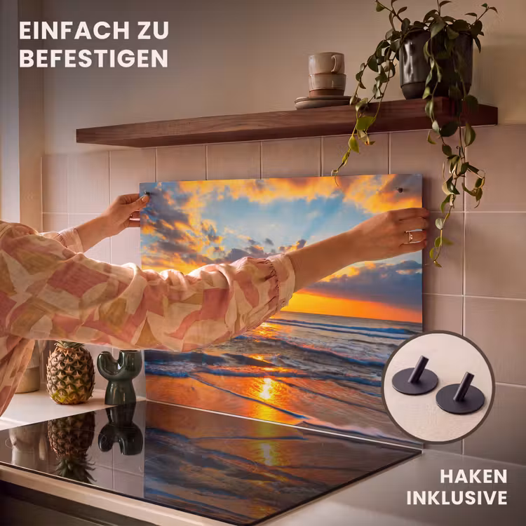 2-in-1 Herdabdeckplatte & Spritzschutz - Strand – Meer – Sonnenuntergang - Strand - Zee - Zonsondergnag Inductie beschemer met haakjes klein
