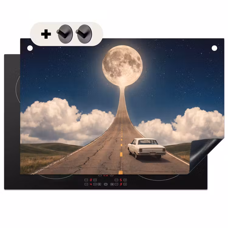 2-in-1 Herdabdeckplatte & Spritzschutz - Straße – Mond – Nacht - Weg - Maan - Nacht Inductie beschemer met haakjes klein