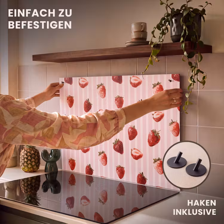 2-in-1 Herdabdeckplatte & Spritzschutz - Streifen - Erdbeere - Rosa - Strepen - Aardbei - Roze Inductie beschemer met haakjes klein 777