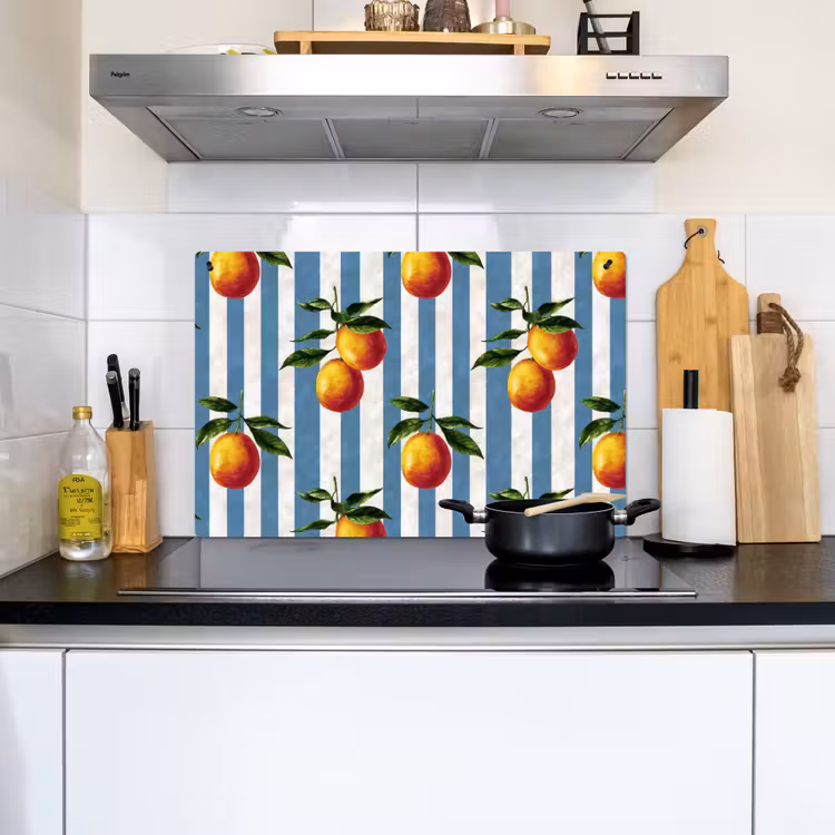 2-in-1 Herdabdeckplatte & Spritzschutz - Streifen - Zitrone - Blau - Strepen - Citroen - Blauw Inductie beschemer met haakjes klein 777