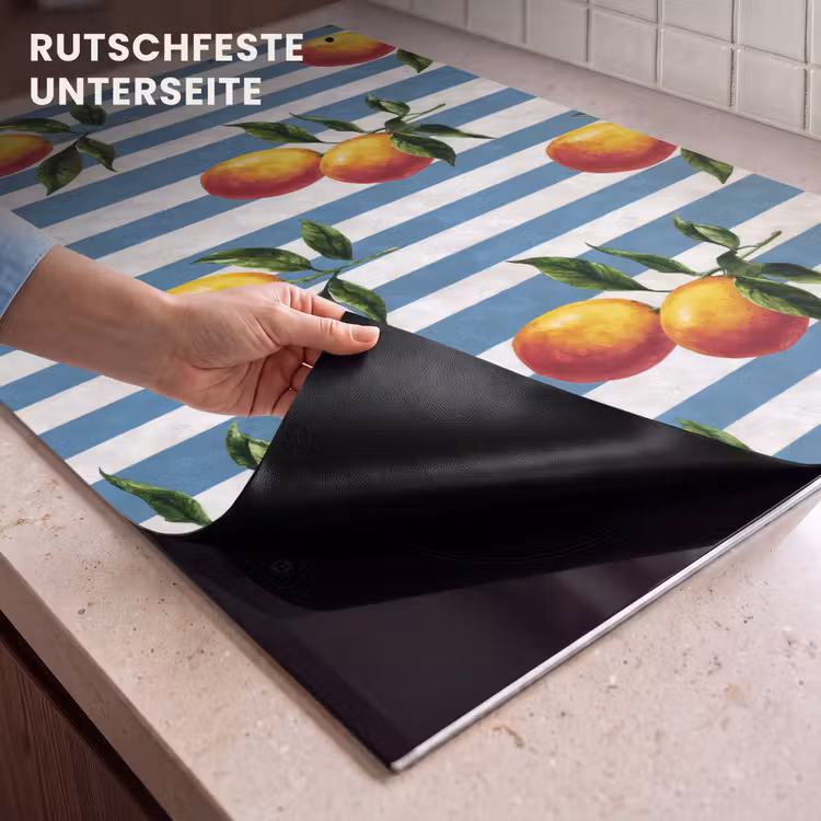 2-in-1 Herdabdeckplatte & Spritzschutz - Streifen - Zitrone - Blau - Strepen - Citroen - Blauw Inductie beschemer met haakjes klein 777