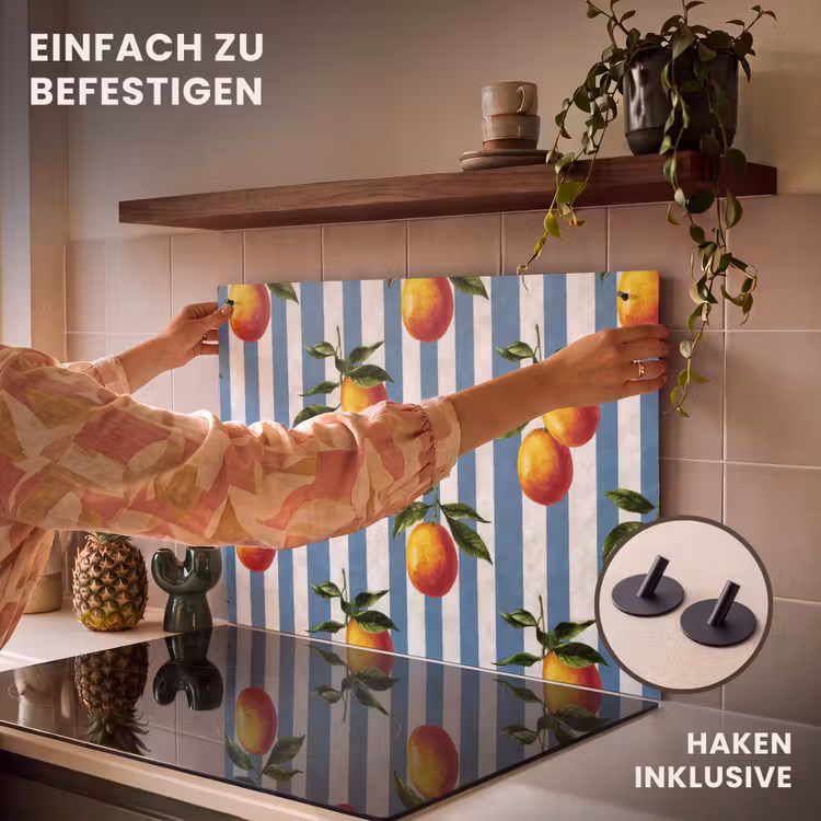2-in-1 Herdabdeckplatte & Spritzschutz - Streifen - Zitrone - Blau - Strepen - Citroen - Blauw Inductie beschemer met haakjes klein 777
