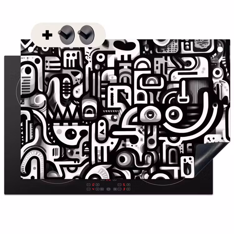 2-in-1 Herdabdeckplatte & Spritzschutz - Symbole - Abstrakt - Grafik - Schwarz - Symbolen - Abstract - Grafisch - Zwart Inductie beschemer met haakjes klein