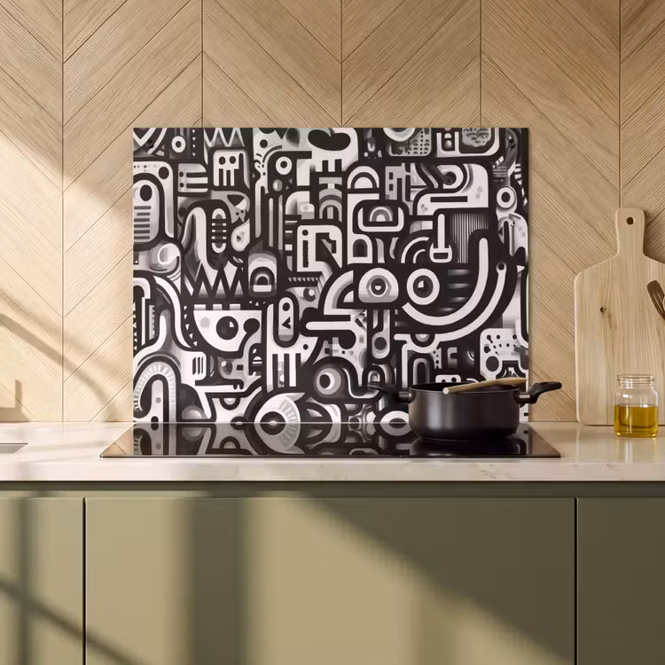 2-in-1 Herdabdeckplatte & Spritzschutz - Symbole - Abstrakt - Grafik - Schwarz - Symbolen - Abstract - Grafisch - Zwart Inductie beschemer met haakjes klein