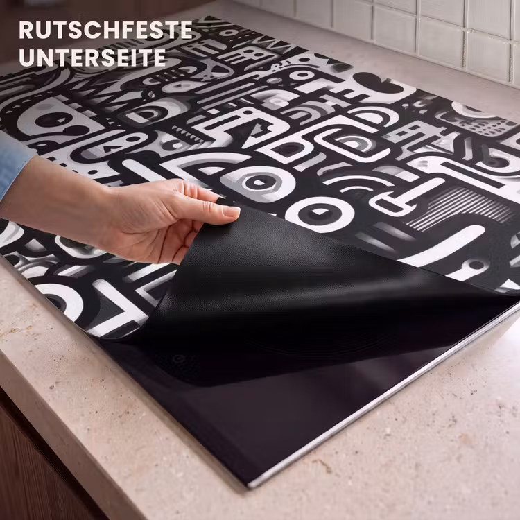 2-in-1 Herdabdeckplatte & Spritzschutz - Symbole - Abstrakt - Grafik - Schwarz - Symbolen - Abstract - Grafisch - Zwart Inductie beschemer met haakjes klein