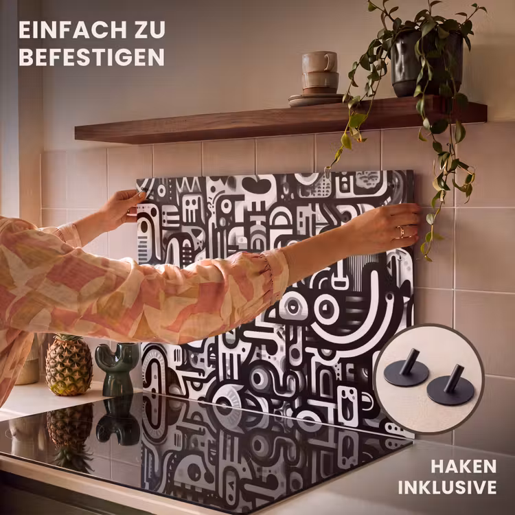 2-in-1 Herdabdeckplatte & Spritzschutz - Symbole - Abstrakt - Grafik - Schwarz - Symbolen - Abstract - Grafisch - Zwart Inductie beschemer met haakjes klein