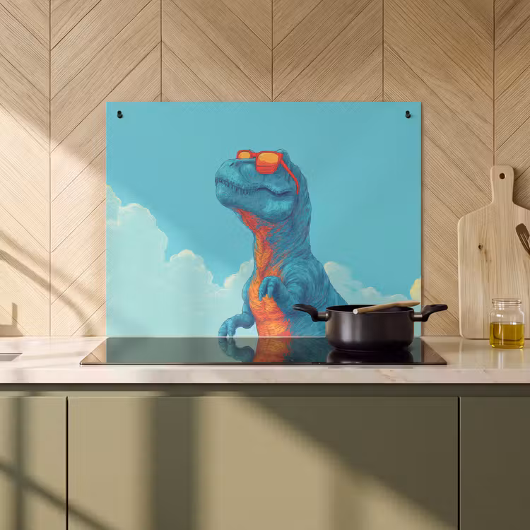 2-in-1 Herdabdeckplatte & Spritzschutz - T-Rex - Blau - Wolken - Sonnenbrille - T-Rex - Blauw - Wolken - Zonnebril Inductie beschemer met haakjes klein