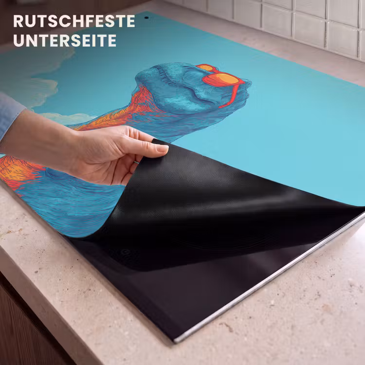 2-in-1 Herdabdeckplatte & Spritzschutz - T-Rex - Blau - Wolken - Sonnenbrille - T-Rex - Blauw - Wolken - Zonnebril Inductie beschemer met haakjes klein