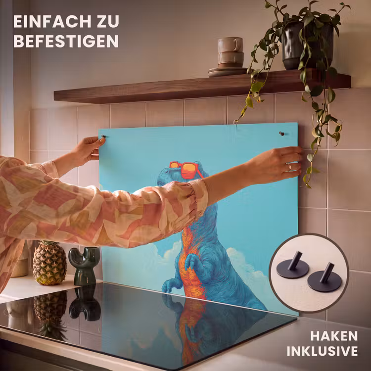2-in-1 Herdabdeckplatte & Spritzschutz - T-Rex - Blau - Wolken - Sonnenbrille - T-Rex - Blauw - Wolken - Zonnebril Inductie beschemer met haakjes klein