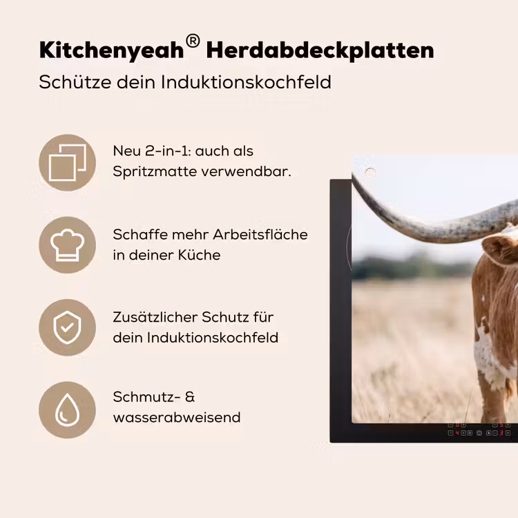 Texas Longhorn - Kalf - Weide - Dieren Inductie beschemer met haakjes klein -ky-usp-de