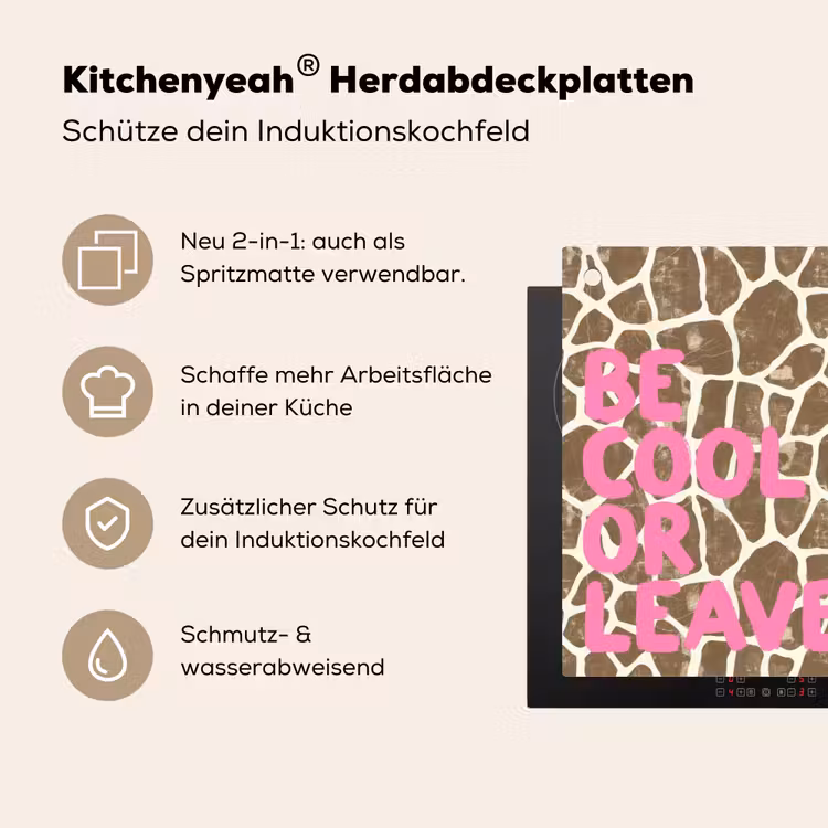 Tekst - Be cool or leave - Roze - Giraffenprint Inductie beschemer met haakjes klein -ky-usp-de