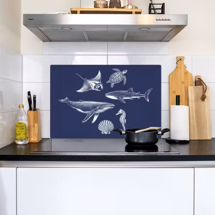 Dieren - Zeeleven - Oceaan - Graveren - Blauw Inductie beschemer met haakjes klein -sfeer2