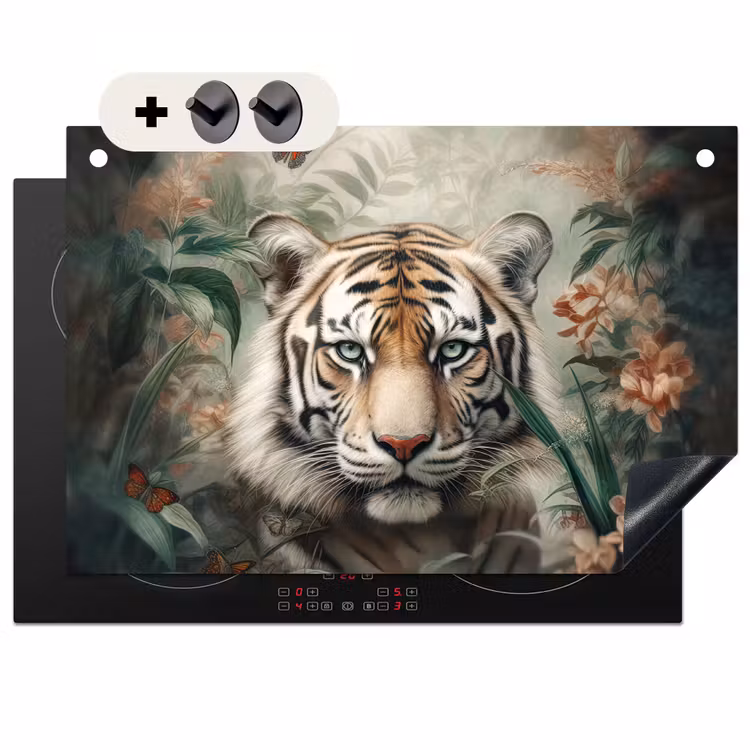 2-in-1 Herdabdeckplatte & Spritzschutz - Tiger - Schmetterlinge - Tiere - Dschungel - Blumen - Tijger - Vlinders - Dieren - Jungle - Bloemen Inductie beschemer met haakjes klein