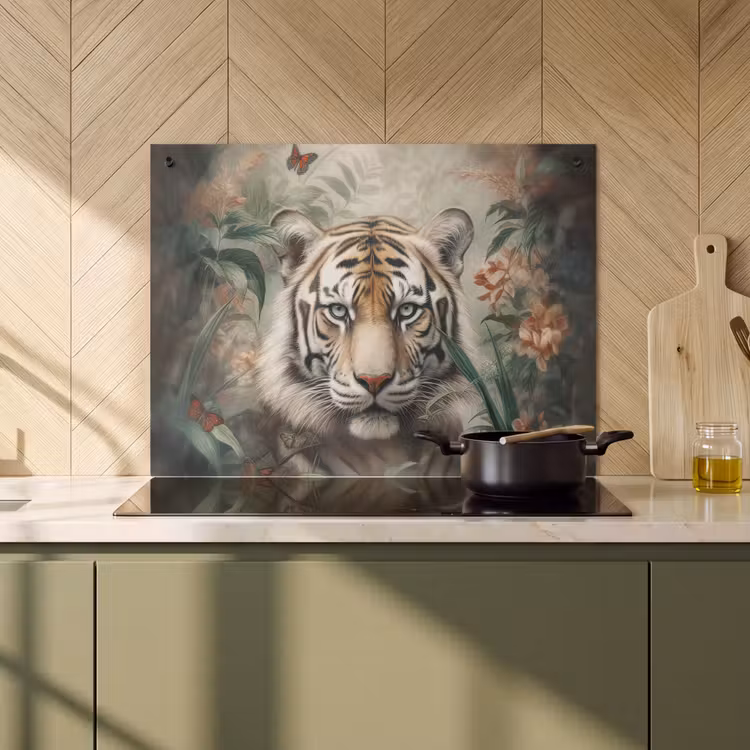 2-in-1 Herdabdeckplatte & Spritzschutz - Tiger - Schmetterlinge - Tiere - Dschungel - Blumen - Tijger - Vlinders - Dieren - Jungle - Bloemen Inductie beschemer met haakjes klein