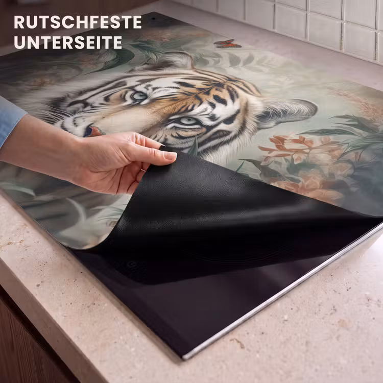 2-in-1 Herdabdeckplatte & Spritzschutz - Tiger - Schmetterlinge - Tiere - Dschungel - Blumen - Tijger - Vlinders - Dieren - Jungle - Bloemen Inductie beschemer met haakjes klein