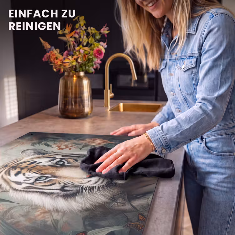 2-in-1 Herdabdeckplatte & Spritzschutz - Tiger - Schmetterlinge - Tiere - Dschungel - Blumen - Tijger - Vlinders - Dieren - Jungle - Bloemen Inductie beschemer met haakjes klein