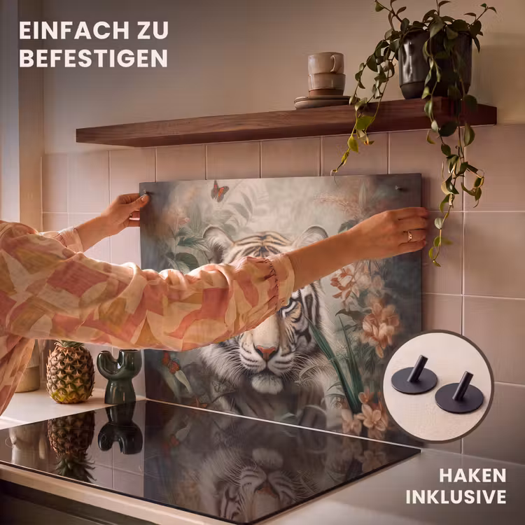 2-in-1 Herdabdeckplatte & Spritzschutz - Tiger - Schmetterlinge - Tiere - Dschungel - Blumen - Tijger - Vlinders - Dieren - Jungle - Bloemen Inductie beschemer met haakjes klein