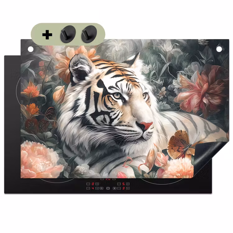 2-in-1 Herdabdeckplatte & Spritzschutz - Tiger - Wildtiere - Blumen - Dschungel - Tijger - Wilde dieren - Bloemen - Jungle Inductie beschemer met haakjes klein
