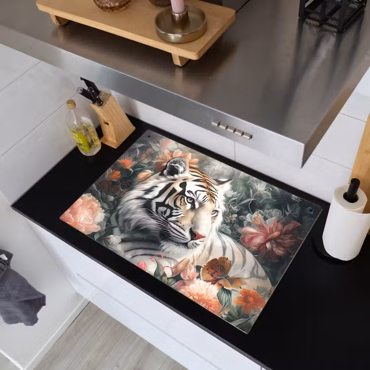 2-in-1 Herdabdeckplatte & Spritzschutz - Tiger - Wildtiere - Blumen - Dschungel - Tijger - Wilde dieren - Bloemen - Jungle Inductie beschemer met haakjes klein
