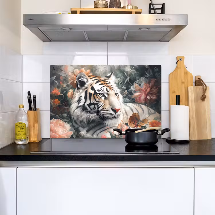 2-in-1 Herdabdeckplatte & Spritzschutz - Tiger - Wildtiere - Blumen - Dschungel - Tijger - Wilde dieren - Bloemen - Jungle Inductie beschemer met haakjes klein