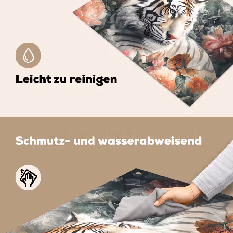 2-in-1 Herdabdeckplatte & Spritzschutz - Tiger - Wildtiere - Blumen - Dschungel - Tijger - Wilde dieren - Bloemen - Jungle Inductie beschemer met haakjes klein