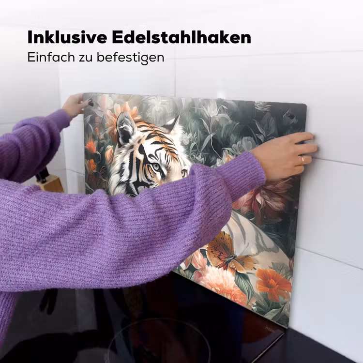 2-in-1 Herdabdeckplatte & Spritzschutz - Tiger - Wildtiere - Blumen - Dschungel - Tijger - Wilde dieren - Bloemen - Jungle Inductie beschemer met haakjes klein