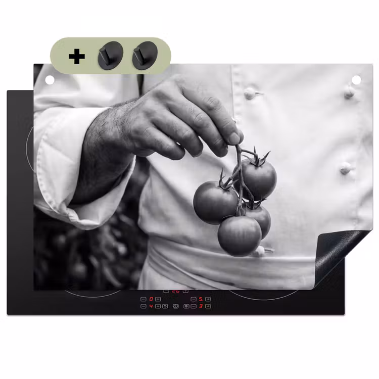Tomaten - Chef - Zwart - Wit Inductie beschemer met haakjes klein -3d