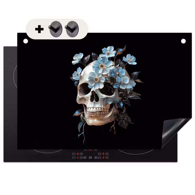 2-in-1 Herdabdeckplatte & Spritzschutz - Totenkopf - Blau - Blumen - Blätter - Schedel - Blauw - Bloemen - Bladeren Inductie beschemer met haakjes klein