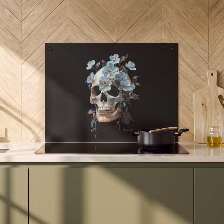 2-in-1 Herdabdeckplatte & Spritzschutz - Totenkopf - Blau - Blumen - Blätter - Schedel - Blauw - Bloemen - Bladeren Inductie beschemer met haakjes klein